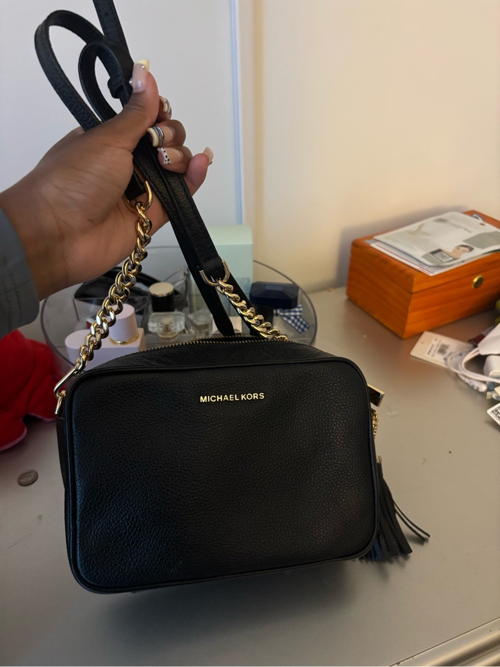 Michael Kors Black Pebbled Leather Camera Crossbody with Gold Hardware